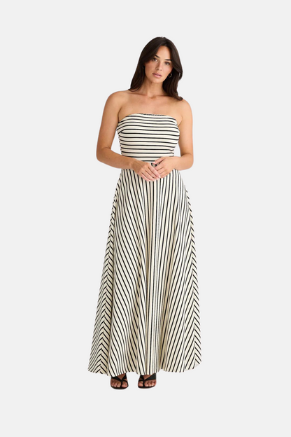 Thandie Strapless Dress | Ecru w Black Stripe