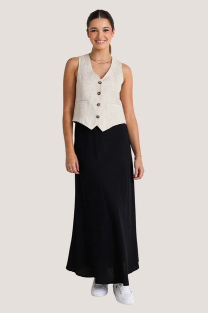 Lagos Black Linen Floaty Bias Cut Maxi Skirt