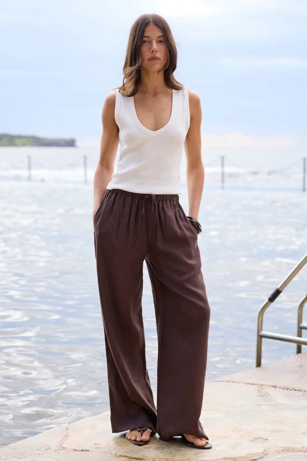 Wellness Dark Chocolate Linen Pull On Wide Leg Pants