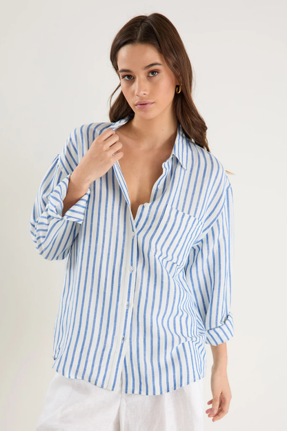 Exalted Blue Stripe Linen Viscose Oversized Shirt
