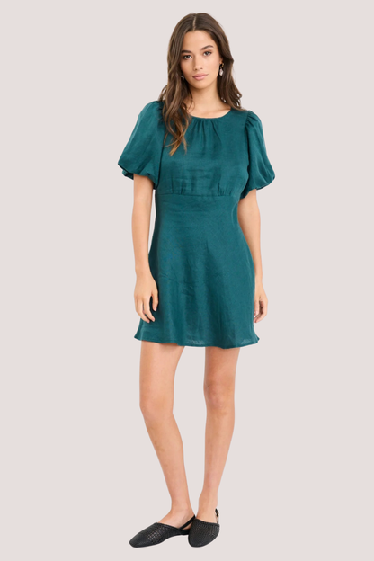 Delphine Forest Linen Puff Sleeve Mini Dress