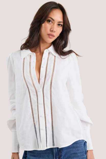 Zinnia White Ramie Lace Trim Long Sleeve Shirt