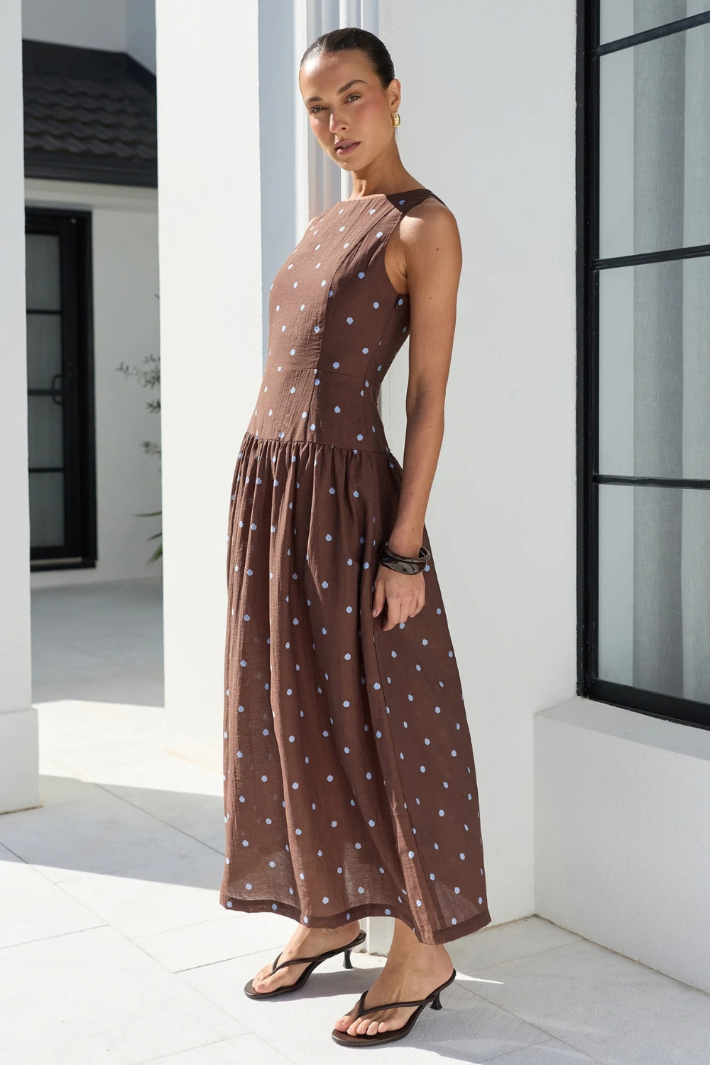 Results Mocha Blue Polka Dot Shirred Back Sleeveless Maxi Dress