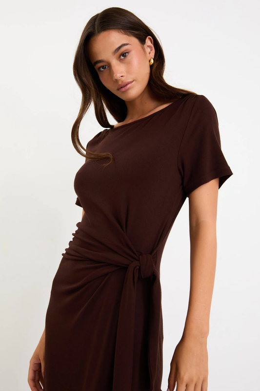 Vortex Chocolate Short Sleeve Waist Tie Knit Tee Shirt Dress