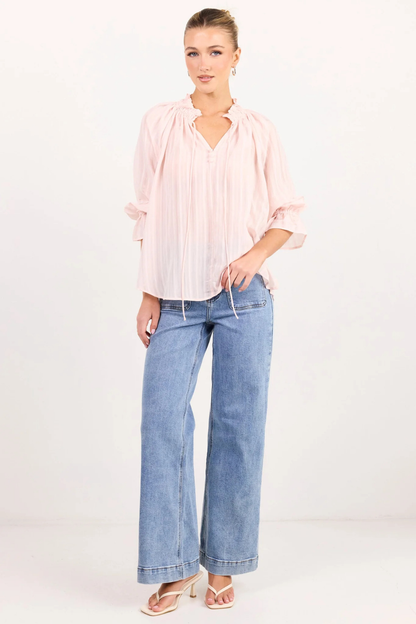 Expedition Blush Self Stripe Shirred Neck Short Sleeve Top