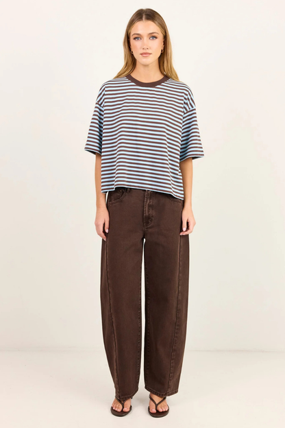 Cohesion Ice Blue Chocolate Stripe Oversized Contrast Binding Boxy SS Tee