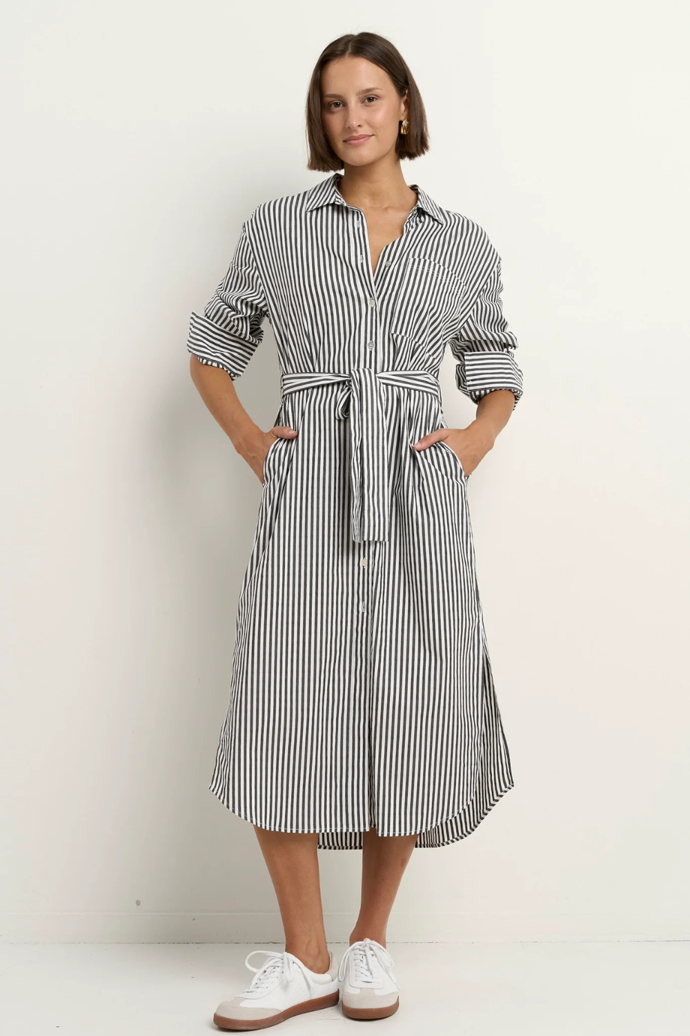 Forward Black Stripe Cotton Midi Shirt Dress