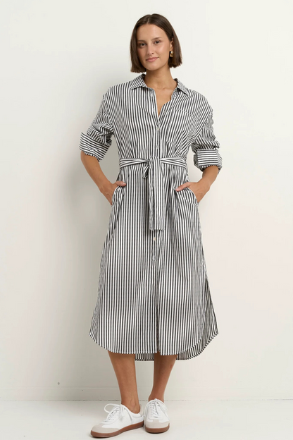 Forward Black Stripe Cotton Midi Shirt Dress