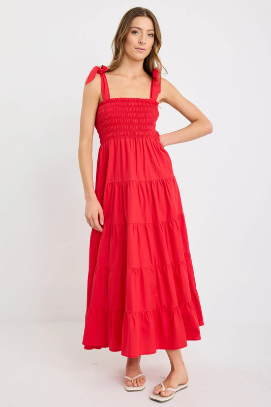 Isabella Cherry Red Cotton Poplin Shrappy Tiered Maxi Dress