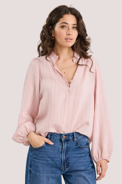 Premise Blush Stripe High Neck Buttoned LS Top