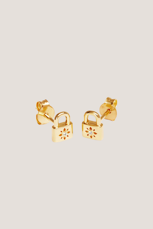 18k Gold Vermeil Crystal Lotus Padlock Stud Earrings