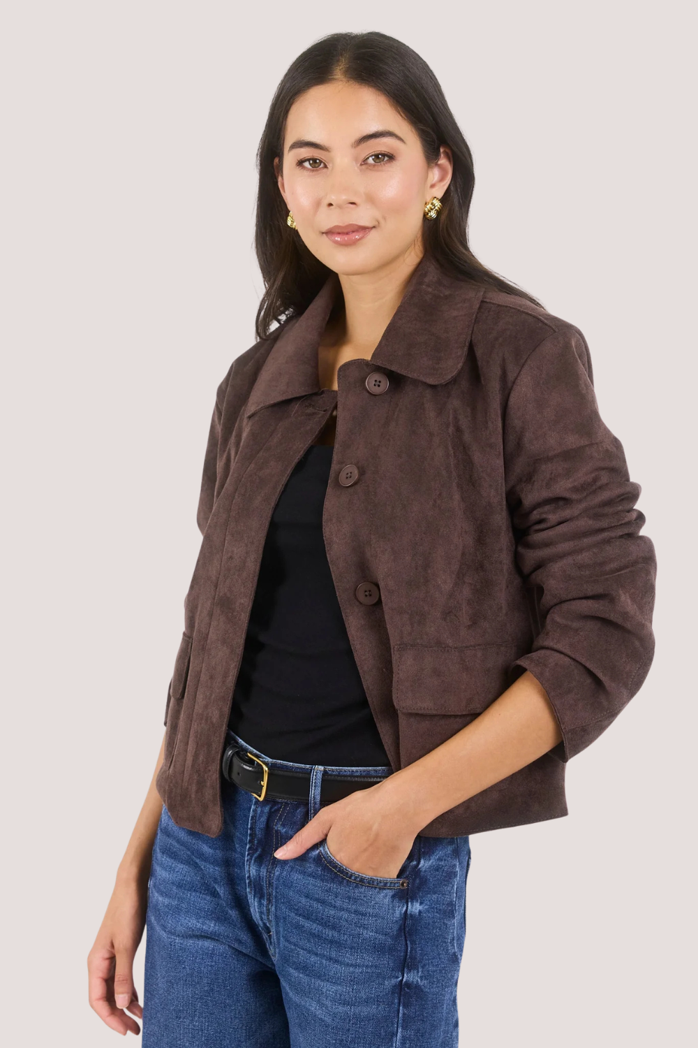 Exhibit Chocolate Faux Suede Button Front Cropped Jacket