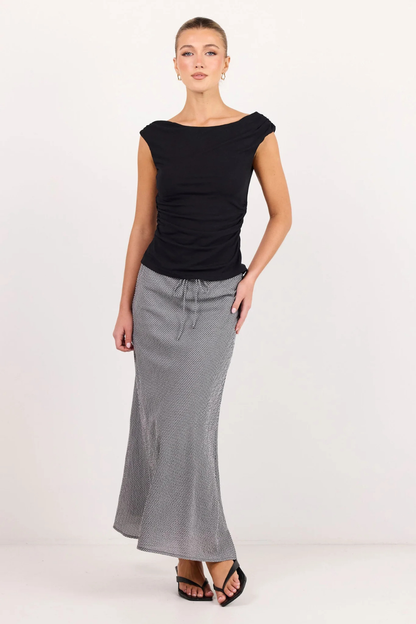 Summit Black White Mini Gingham Tie Waist Bias Maxi Skirt