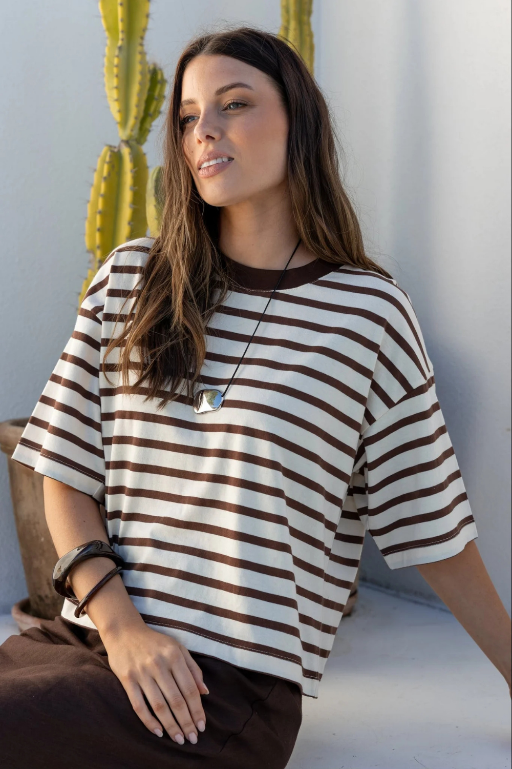 Cohesion Chocolate Vanilla Stripe Oversized Contrast Binding Boxy SS Tee