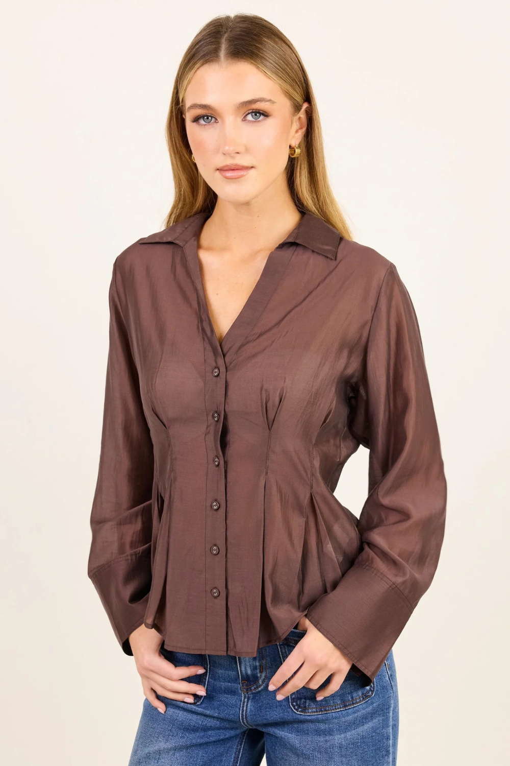 Sundial Chocolate Semi Sheer Corset Detail Waist Shirt