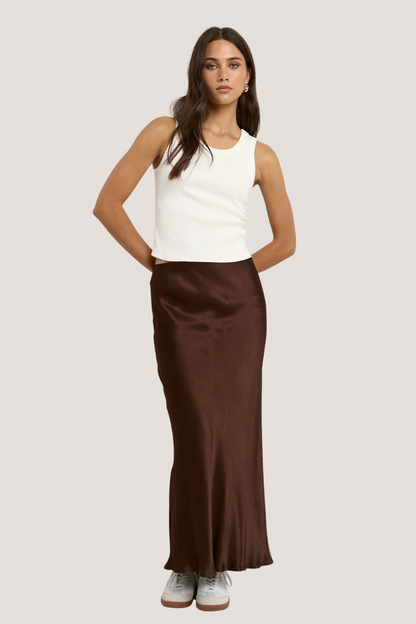 Rosette Chocolate Satin Bias Midi Skirt
