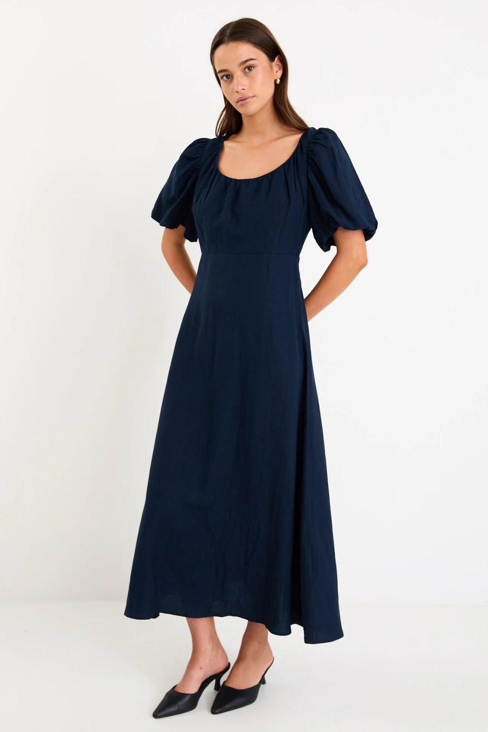 Chorus Navy Puff Sleeve Scoop Neck Floaty Maxi Dress
