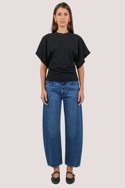 Cadence Black Cotton Gathered Waist Detail Short Sleeve Tee