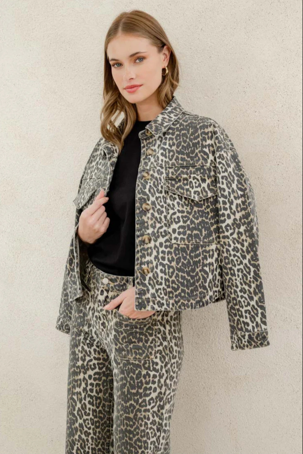 Echo Leopard Print Patch Pocket Denim Jacket