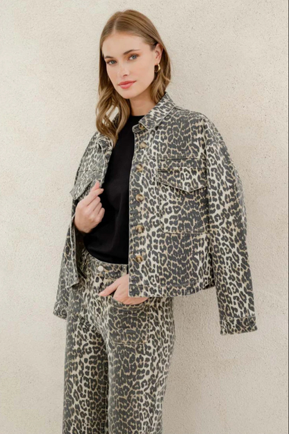 Echo Leopard Print Patch Pocket Denim Jacket
