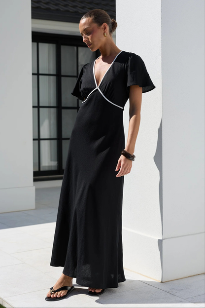 Profile Black Linen Blend Contrast Bias Flutter Sleeve Maxi Dress