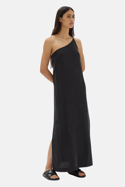Farriday Linen Silk Asymmetric Midi Dress | Black