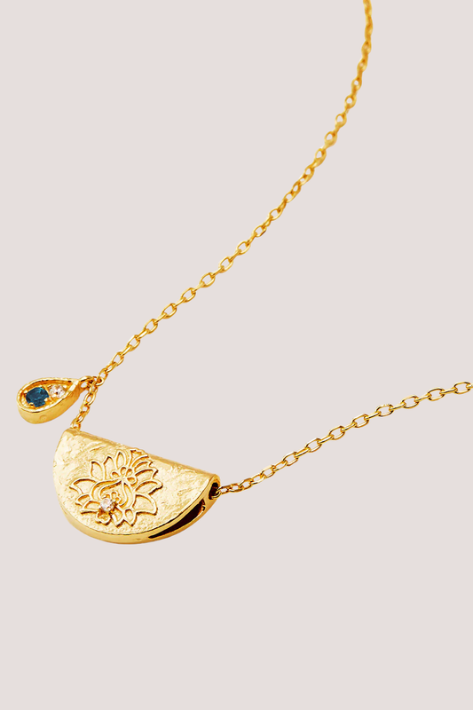 18k Gold Vermeil Lotus Birthstone Necklace - December - Blue Topaz