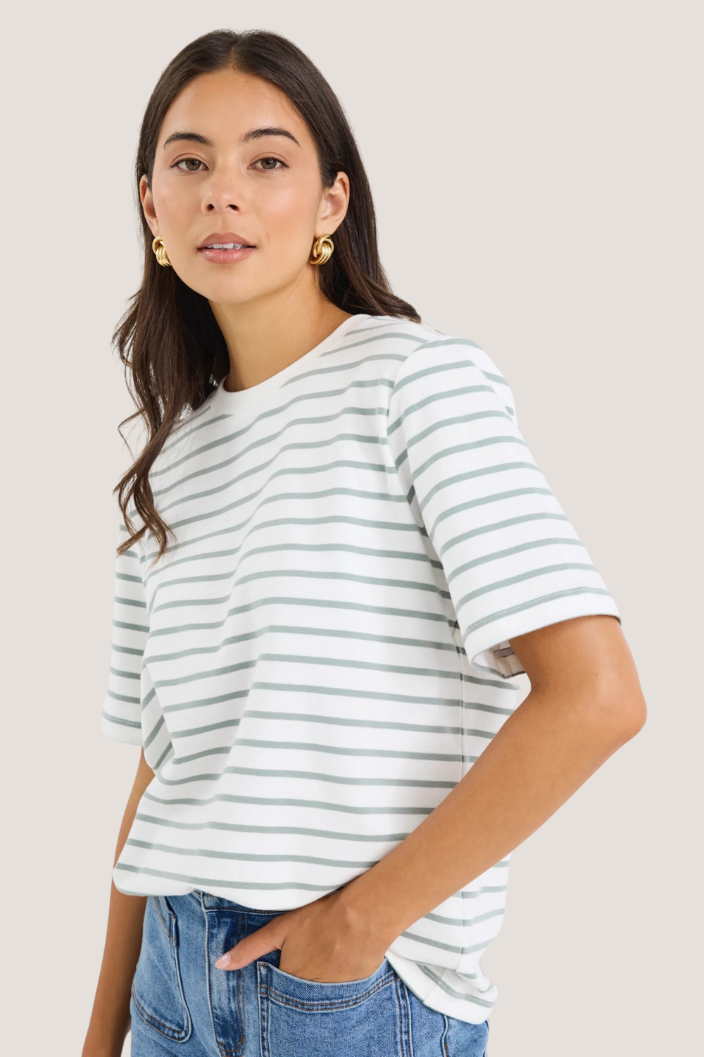 Binding Khaki White Stripe Boxy Fit Tee
