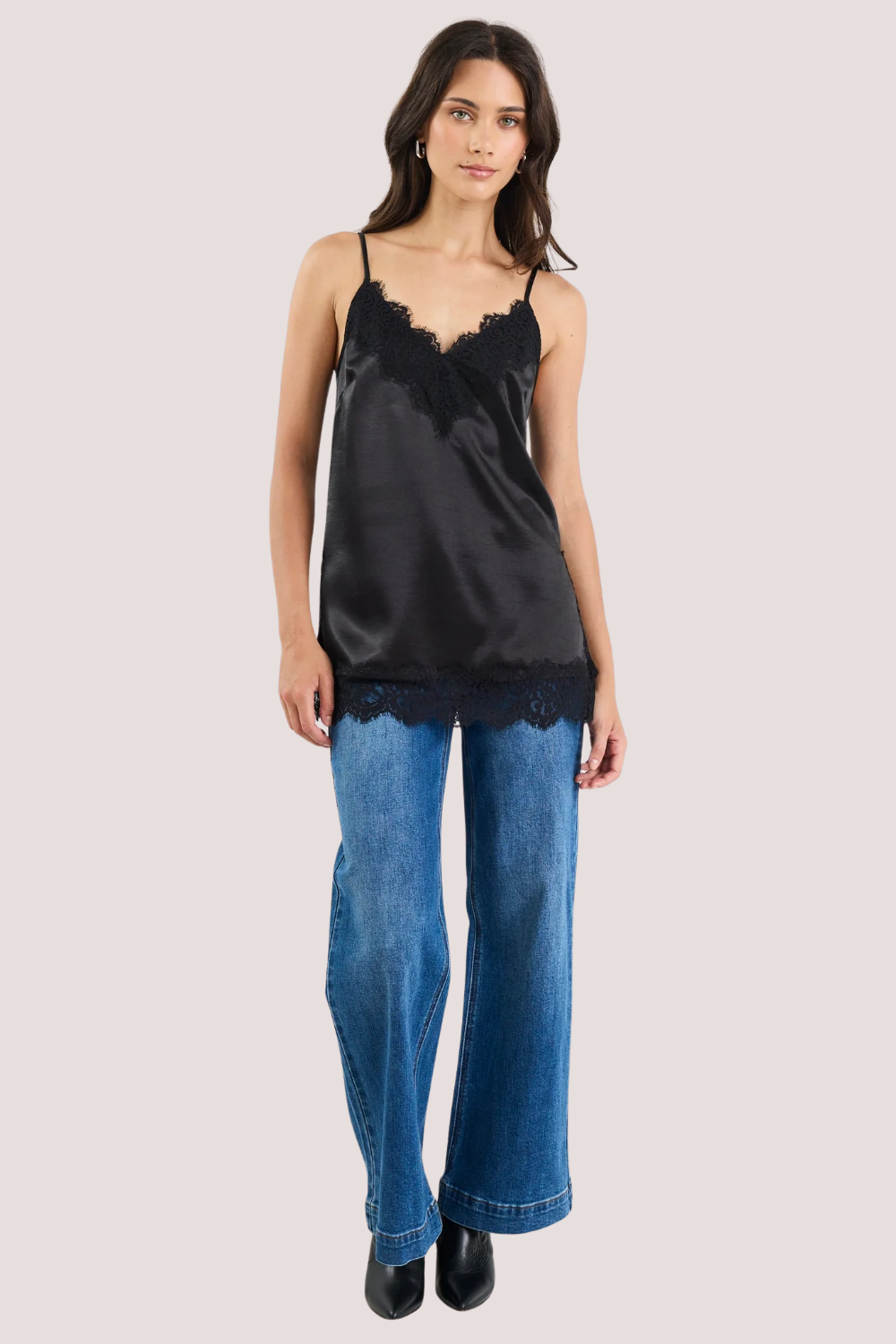 Noir Black Satin Lace Trim Cami