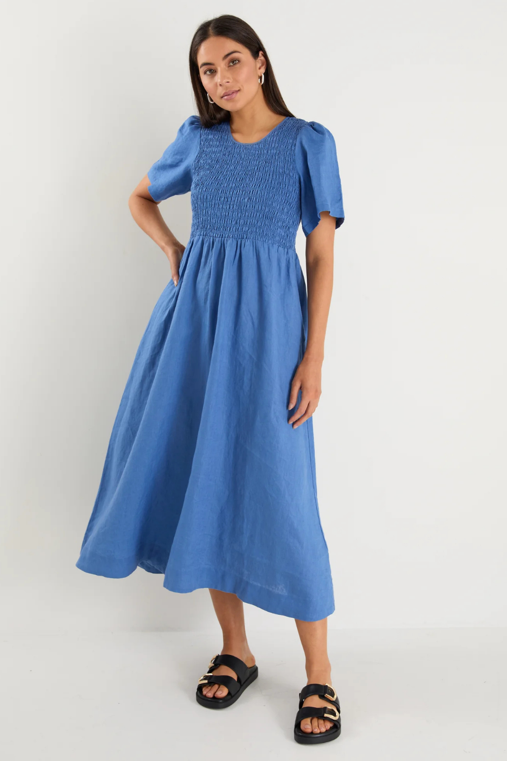 Wren Cornflower Blue Linen SS Shirred Bodice Midi Dress