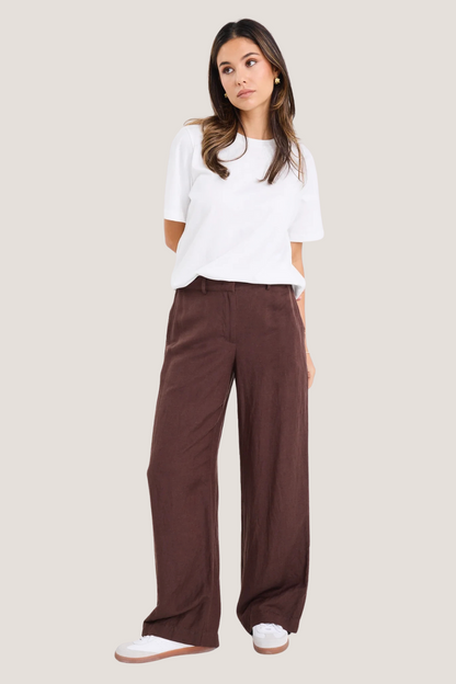 Shelter Chocolate Linen Viscose Flat Front Wide Pants