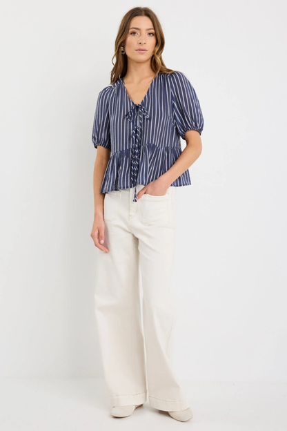 Restore Navy Stripe Tie Front Peplum SS Top