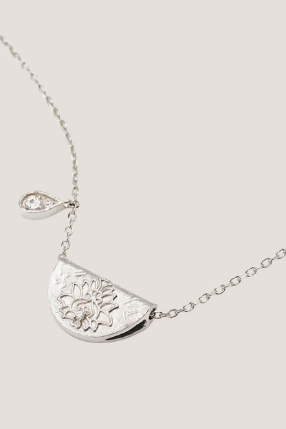Sterling Silver Lotus Birthstone Necklace - April - White Topaz