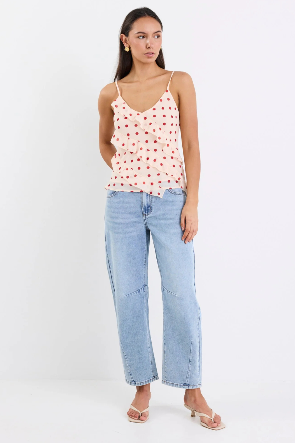 Outgoing Cream Cherry Polka Dot Frill Front Cami Top