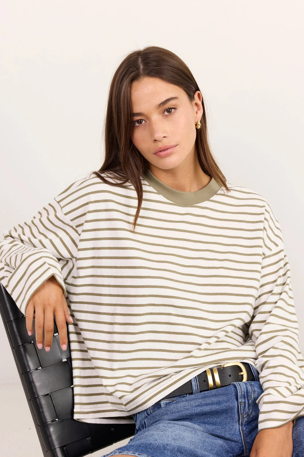 Unite Khaki White Stripe Long Sleeve Contrast Binding Boxy Tee