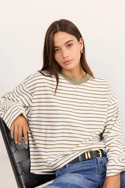 Unite Khaki White Stripe Long Sleeve Contrast Binding Boxy Tee