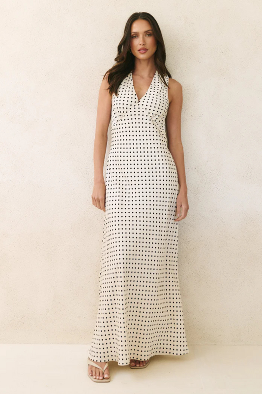 Aston Cream Ditsy Polka Dot Satin Bias Flared Maxi Dress