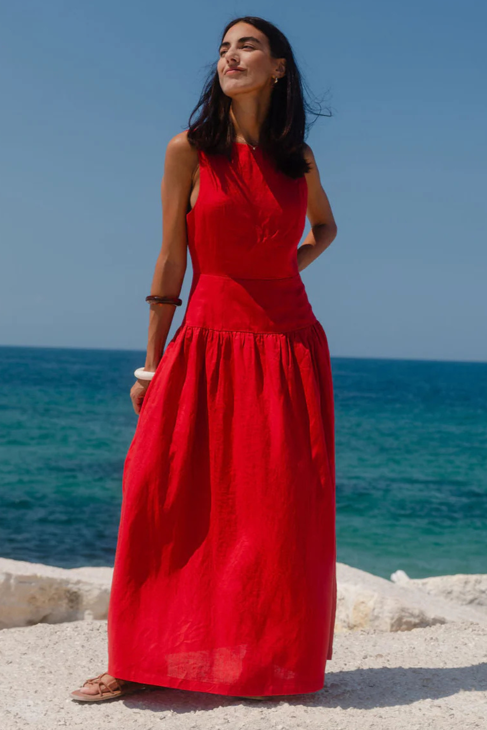 Results Red Linen Blend Structured Sleeveless Maxi Dress