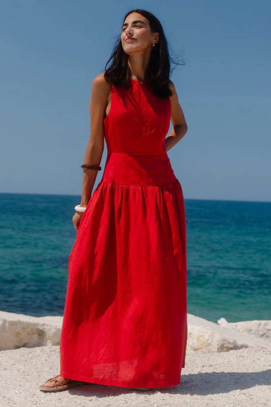 Results Red Linen Blend Structured Sleeveless Maxi Dress