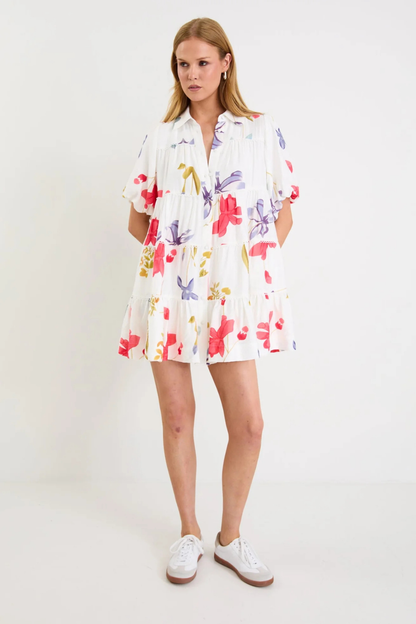 Dahlia Cream Poppy Floral Puff Sleeve Mini Tiered Shirt Dress