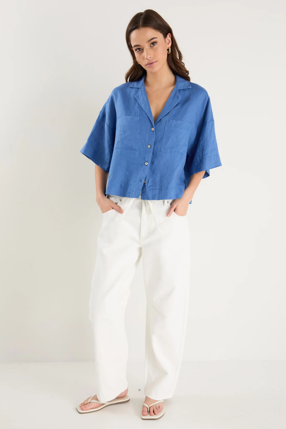 Meander Cornflower Blue Linen Boxy SS Shirt