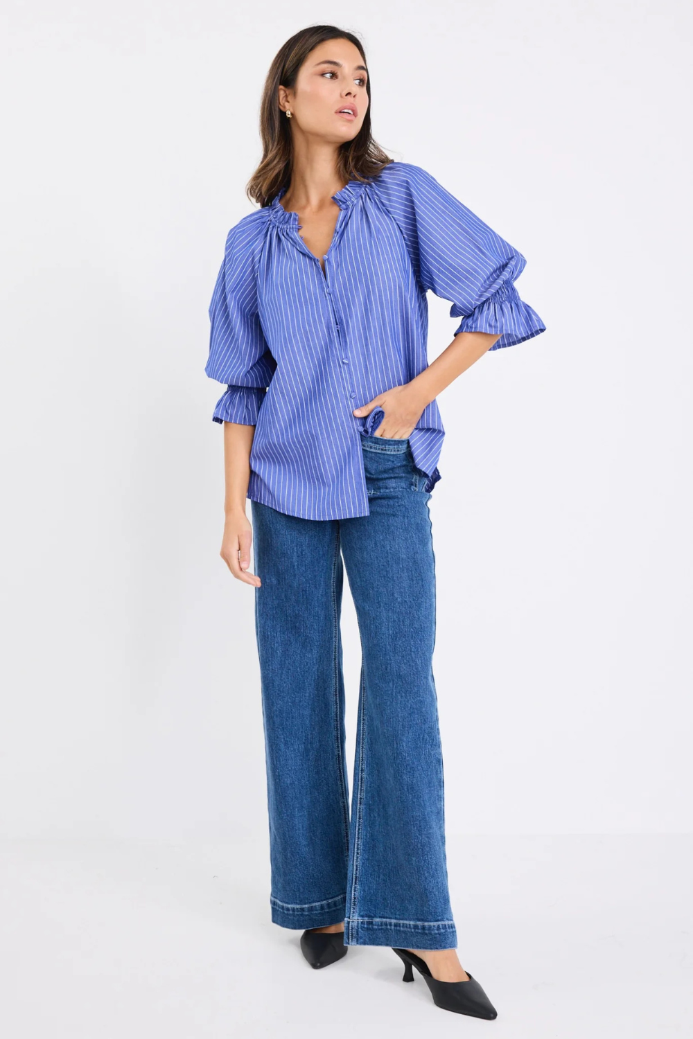 Noetic Dark Blue Stripe Short Sleeve Blouse