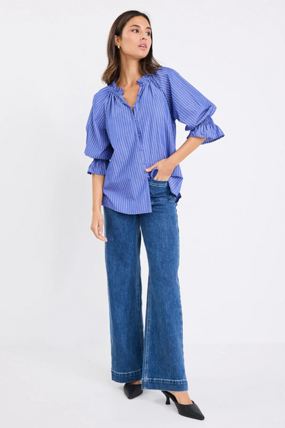 Noetic Dark Blue Stripe Short Sleeve Blouse