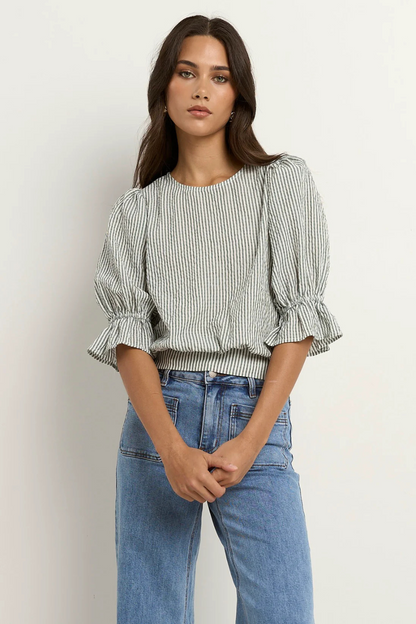 Lovely Khaki Stripe Shirred Back SS Top