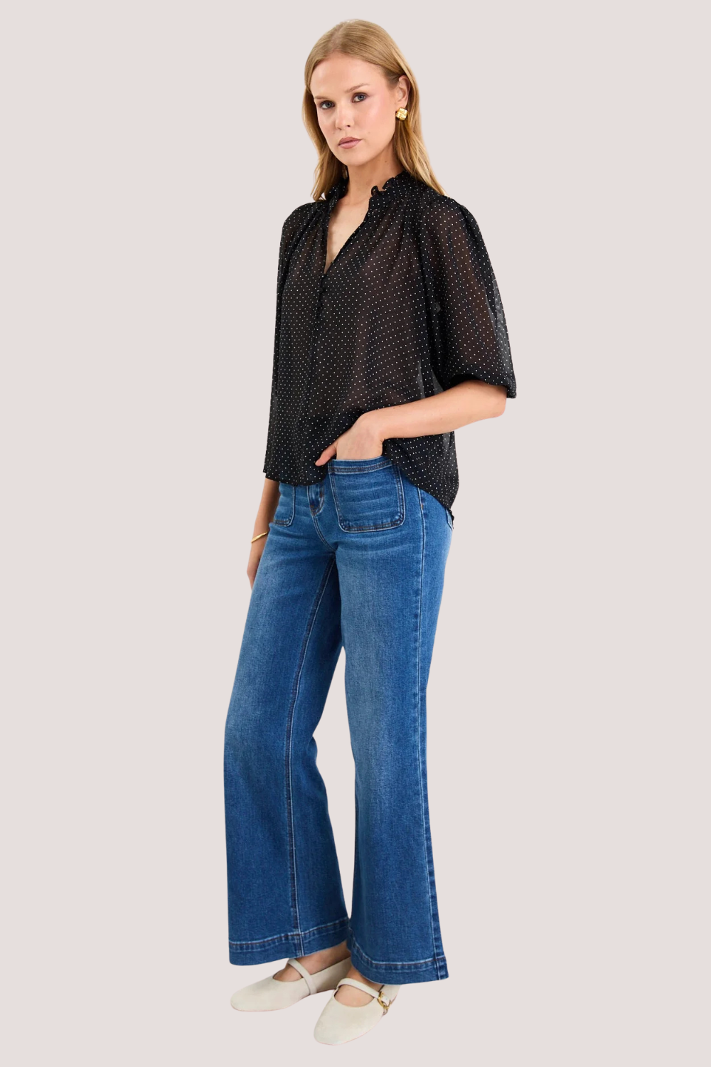 Closure Black Mini Polka Dot High Neck Buttoned SS Top