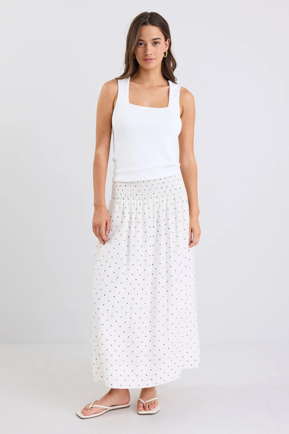 Wanderlust Cream Polka Dot Shirred Waist Maxi Skirt