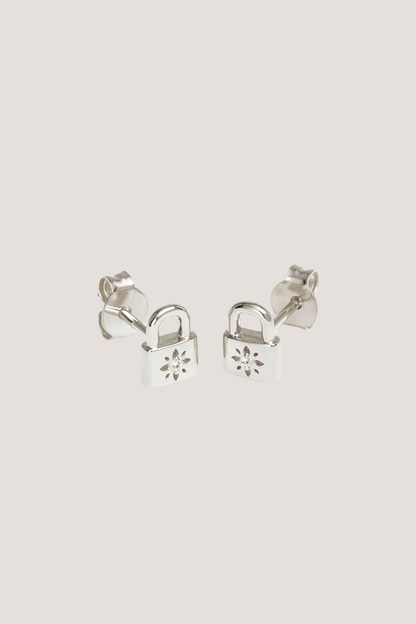 Sterling Silver Crystal Lotus Padlock Stud Earrings