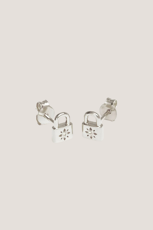 Sterling Silver Crystal Lotus Padlock Stud Earrings