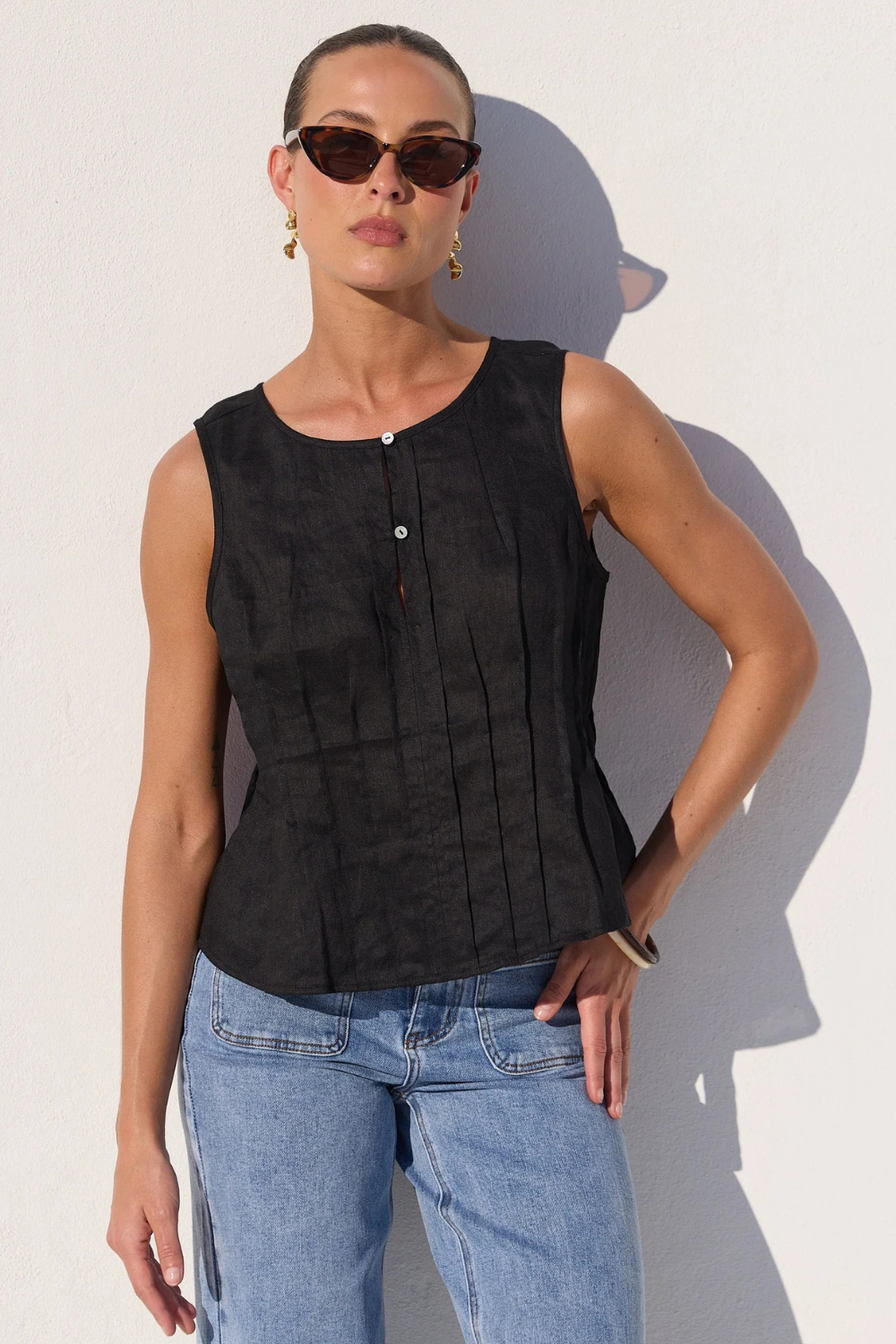 Encourage Black Linen Pintuck Front Boatneck Top