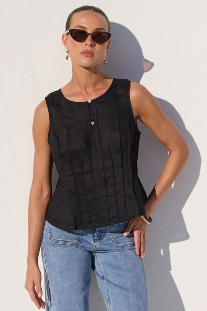 Encourage Black Linen Pintuck Front Boatneck Top